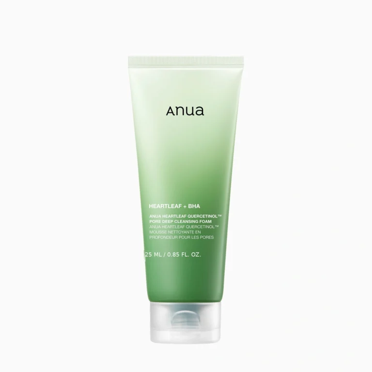 Anua Heartleaf Quercetinol pore deep cleansing foam 25ml tube on pure white background, Amazon main listing image