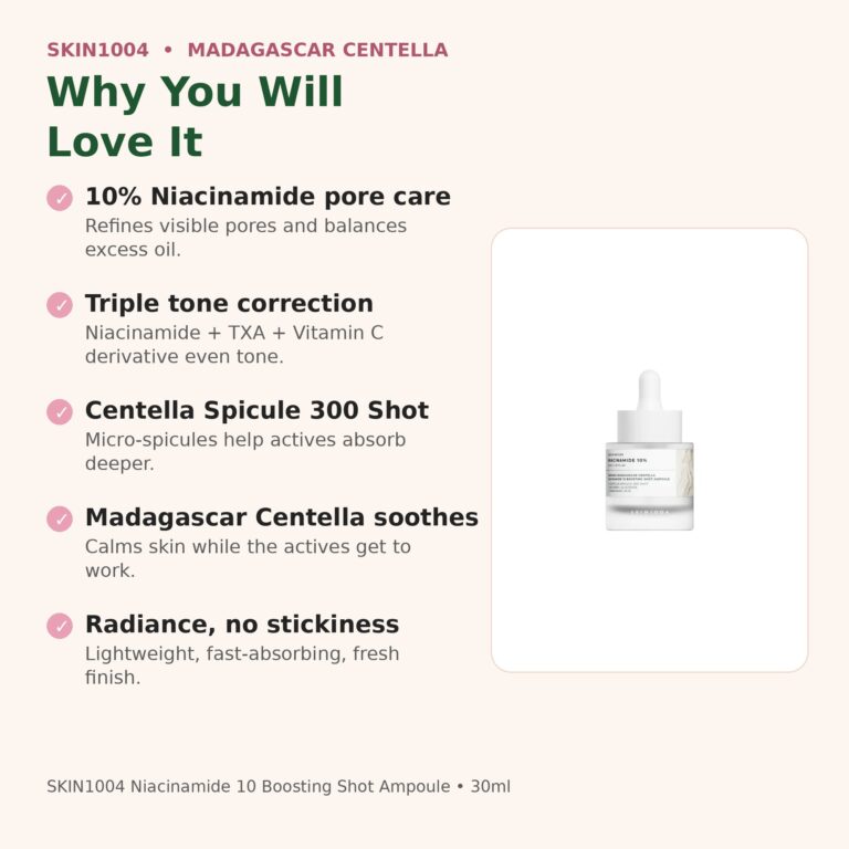 Benefits of SKIN1004 Niacinamide 10 Boosting Shot Ampoule - pore refining, triple tone correction, centella spicules