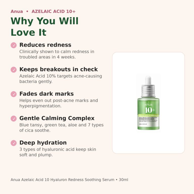 Benefits of Anua Azelaic Acid 10 Serum - reduces redness, calms acne, fades dark marks