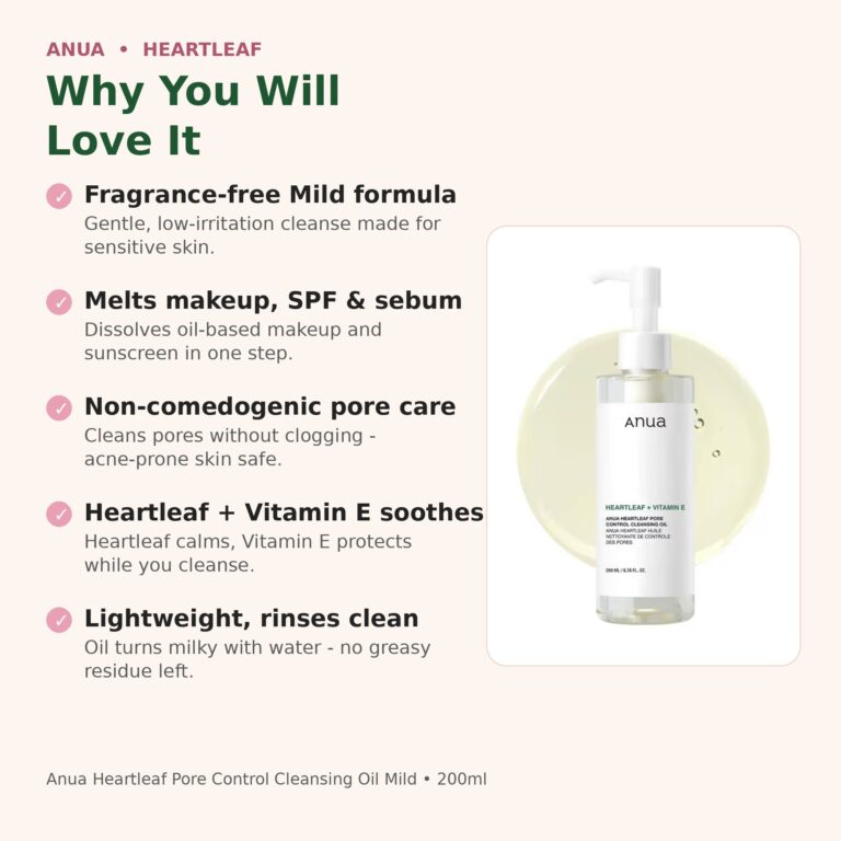 Benefits of Anua Heartleaf Cleansing Oil Mild - fragrance-free, non-comedogenic, melts makeup and SPF