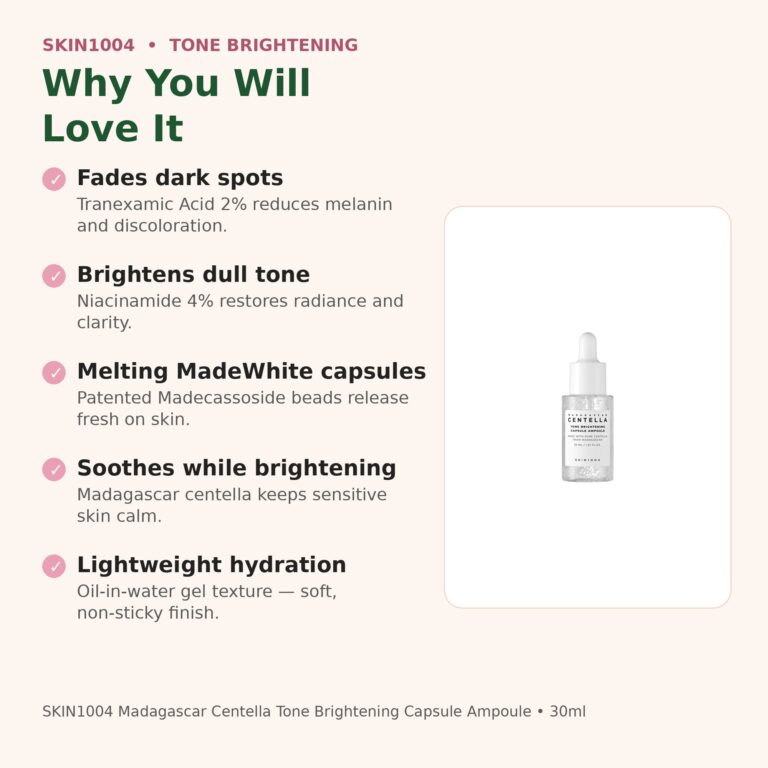 Benefits of SKIN1004 Tone Brightening Capsule Ampoule 30ml - fades dark spots, brightens tone, MadeWhite capsules