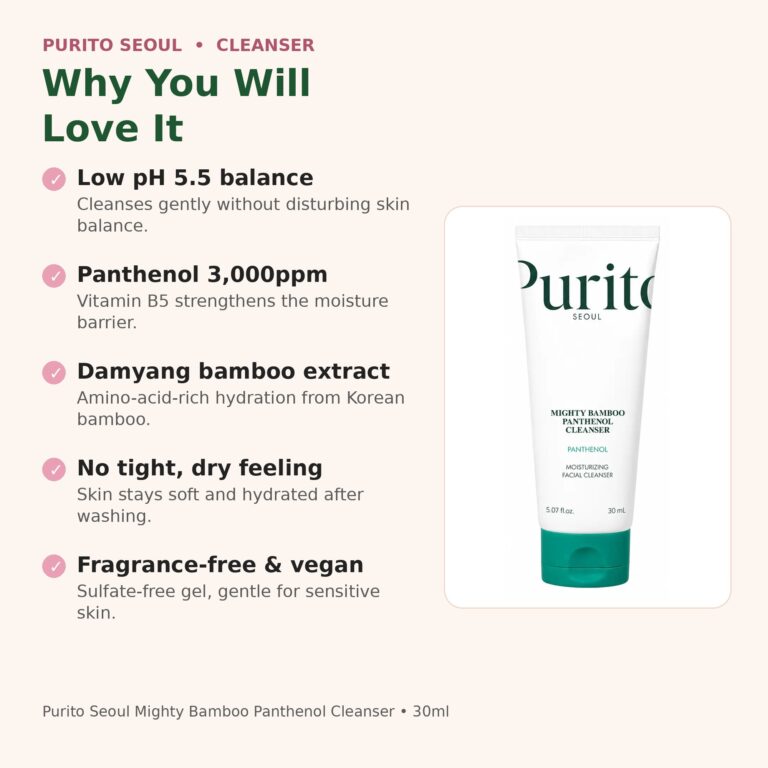 Benefits of Purito Mighty Bamboo Panthenol Cleanser - low pH 5.5, panthenol, barrier care