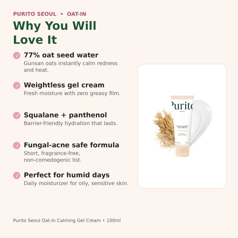 Benefits of Purito Oat-In Calming Gel Cream - 77% oat seed water, calming, lightweight gel