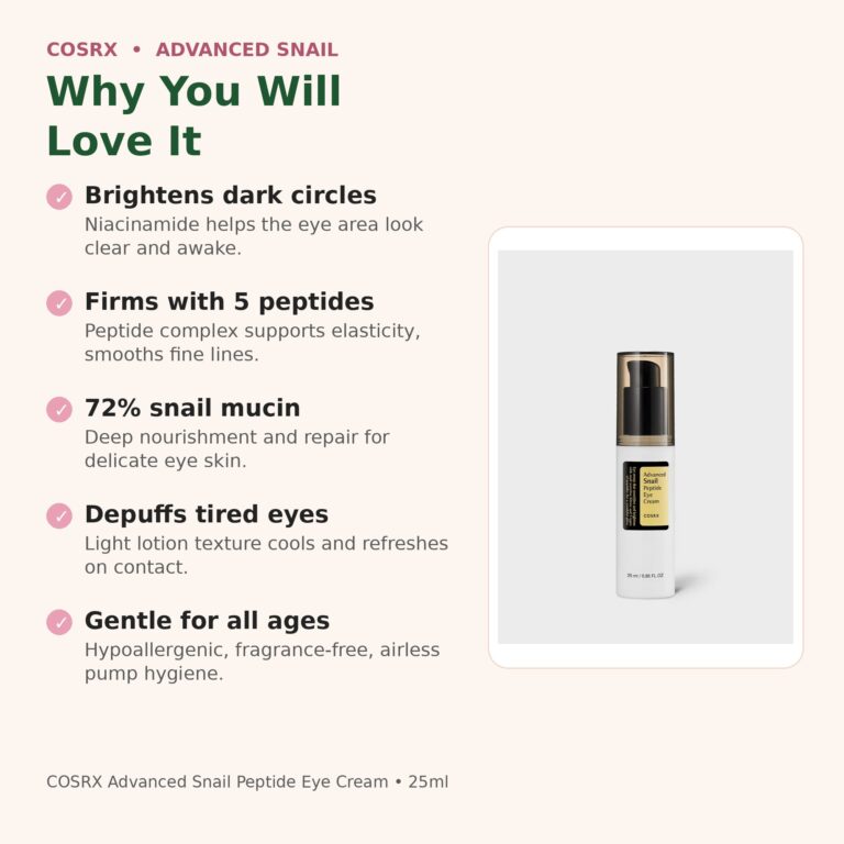 Benefits of COSRX Snail Peptide Eye Cream - brightens dark circles, firms with 5 peptides, 72% snail mucin
