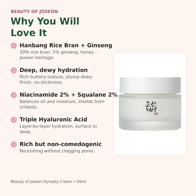 Benefits of Beauty of Joseon Dynasty Cream - rice bran, ginseng, honey, niacinamide, squalane