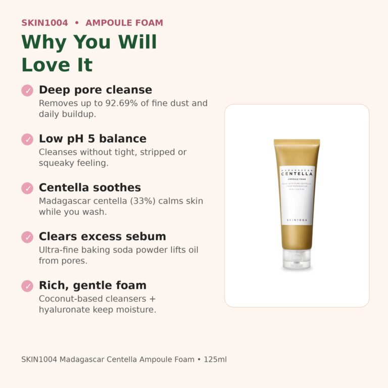 Benefits of SKIN1004 Centella Ampoule Foam - low pH 5 cleanser, removes fine dust, soothes skin