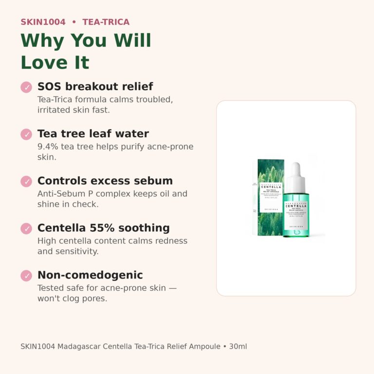 Benefits of SKIN1004 Tea-Trica Relief Ampoule - calms acne, controls sebum, tea tree and centella
