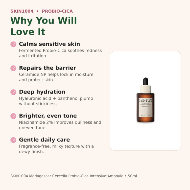 Benefits of SKIN1004 Probio-Cica Intensive Ampoule 50ml - calms sensitive skin, repairs barrier, deep hydration