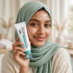 Bangladeshi woman in mint hijab holding Anua PDRN Hyaluronic Acid 100 Moisturizing Cream