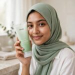 Bangladeshi woman in sage-green hijab holding Anua Heartleaf Quercetinol Pore Deep Cleansing Foam 150ml