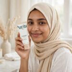 Bangladeshi woman in cream-beige hijab holding Purito Oat-In Calming Gel Cream 100ml
