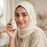 Bangladeshi woman in ivory hijab holding I'm From Rice Toner 30ml
