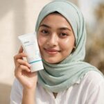 Bangladeshi woman in aqua-mint hijab holding Missha Aqua Sun Gel SPF50+ 50ml