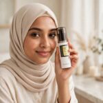Bangladeshi woman in beige hijab holding COSRX Advanced Snail Peptide Eye Cream 25ml