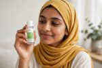Bangladeshi woman in mustard-yellow hijab holding IUNIK Tea Tree Relief Toner 25ml mini bottle