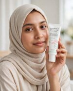Bangladeshi woman in light beige hijab holding AXIS-Y Panthenol 10 Skin Smoothing Shield Cream 50ml