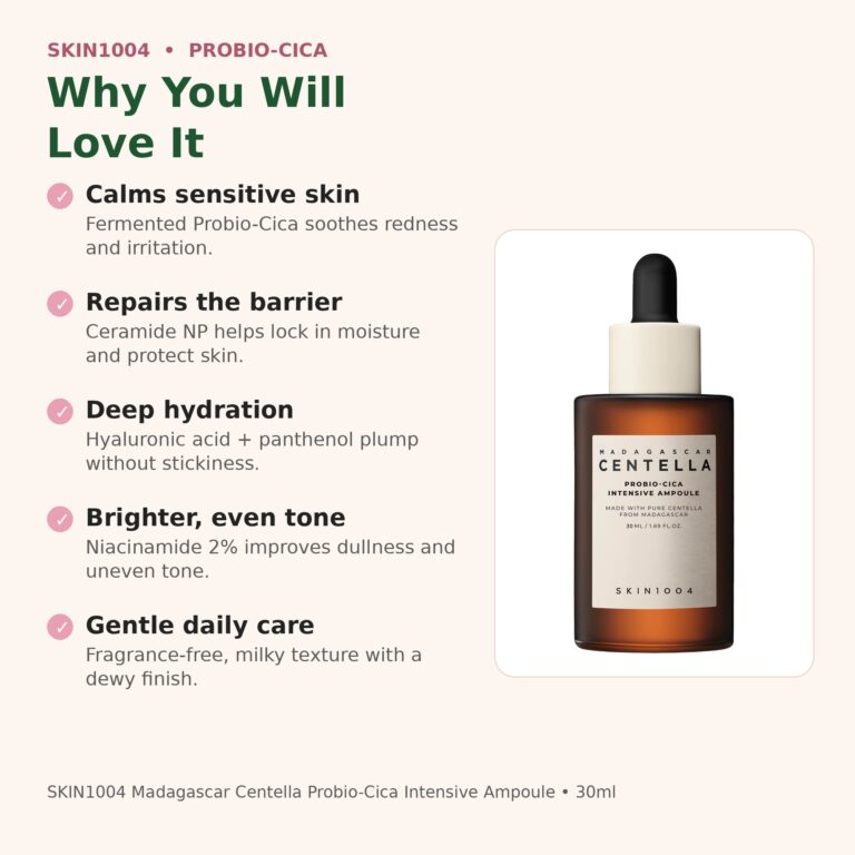 Benefits of SKIN1004 Probio-Cica Intensive Ampoule - calms sensitive skin, repairs barrier, deep hydration