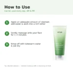 Anua Heartleaf cleansing foam how to use infographic with foam texture showing three application steps for daily AM and PM use