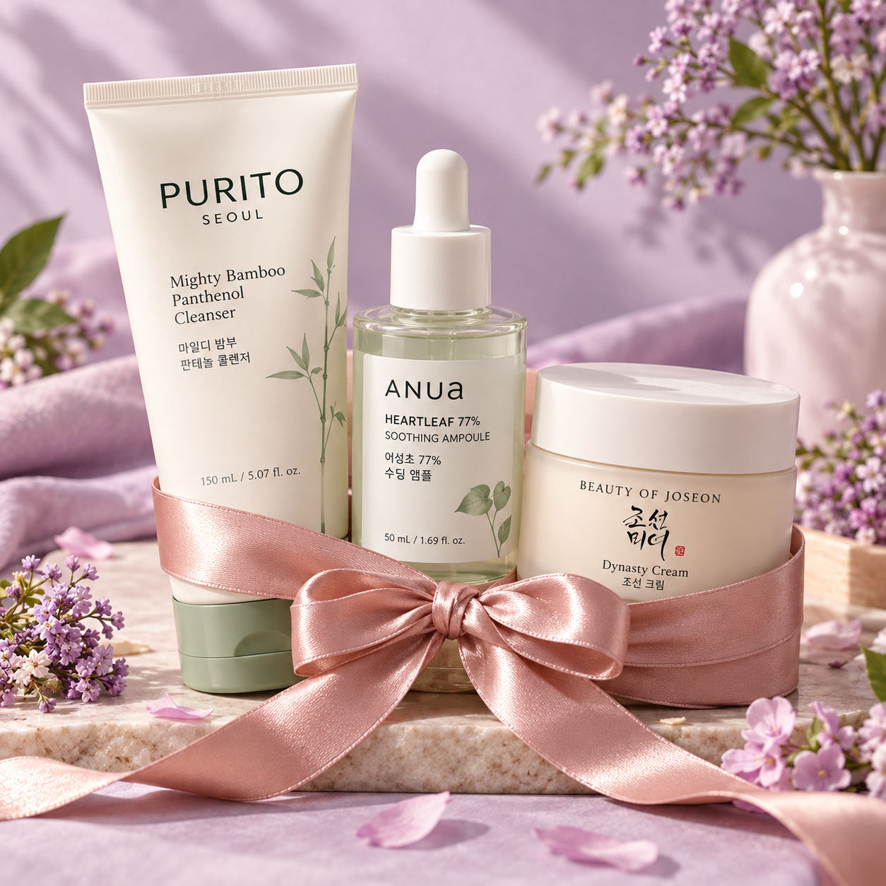 Korean skincare combo set of Purito Seoul, Anua and Beauty of Joseon bottles tied with a ribbon - K2B Bangladesh