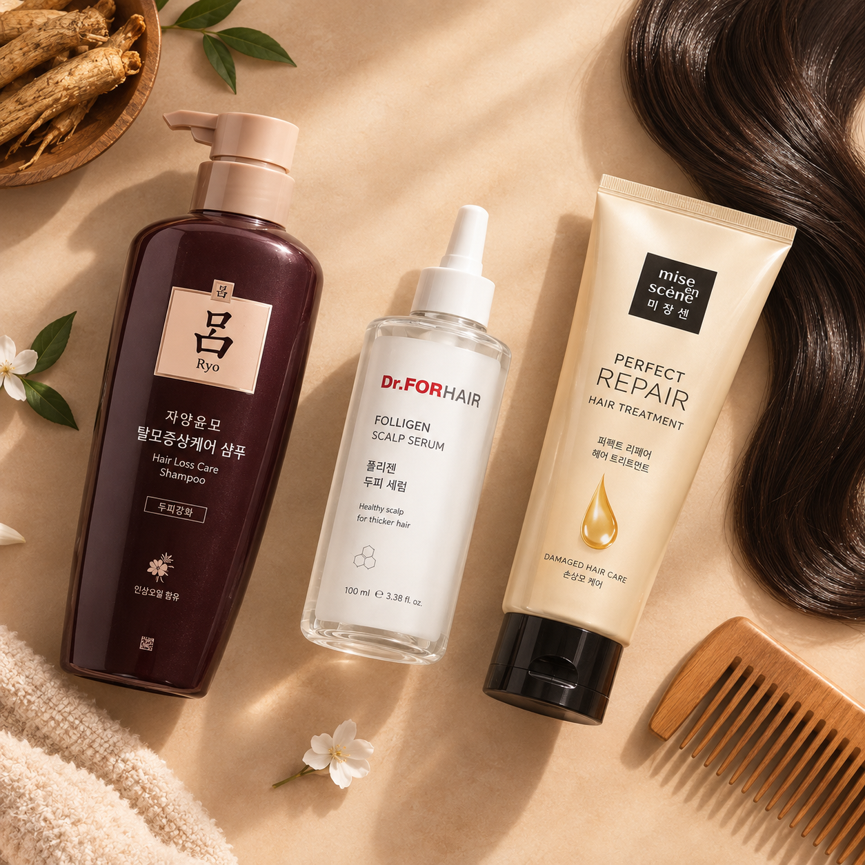 Ryo shampoo, Dr.FORHAIR scalp serum and Mise en Scene hair treatment - Korean hair care at K2B Bangladesh