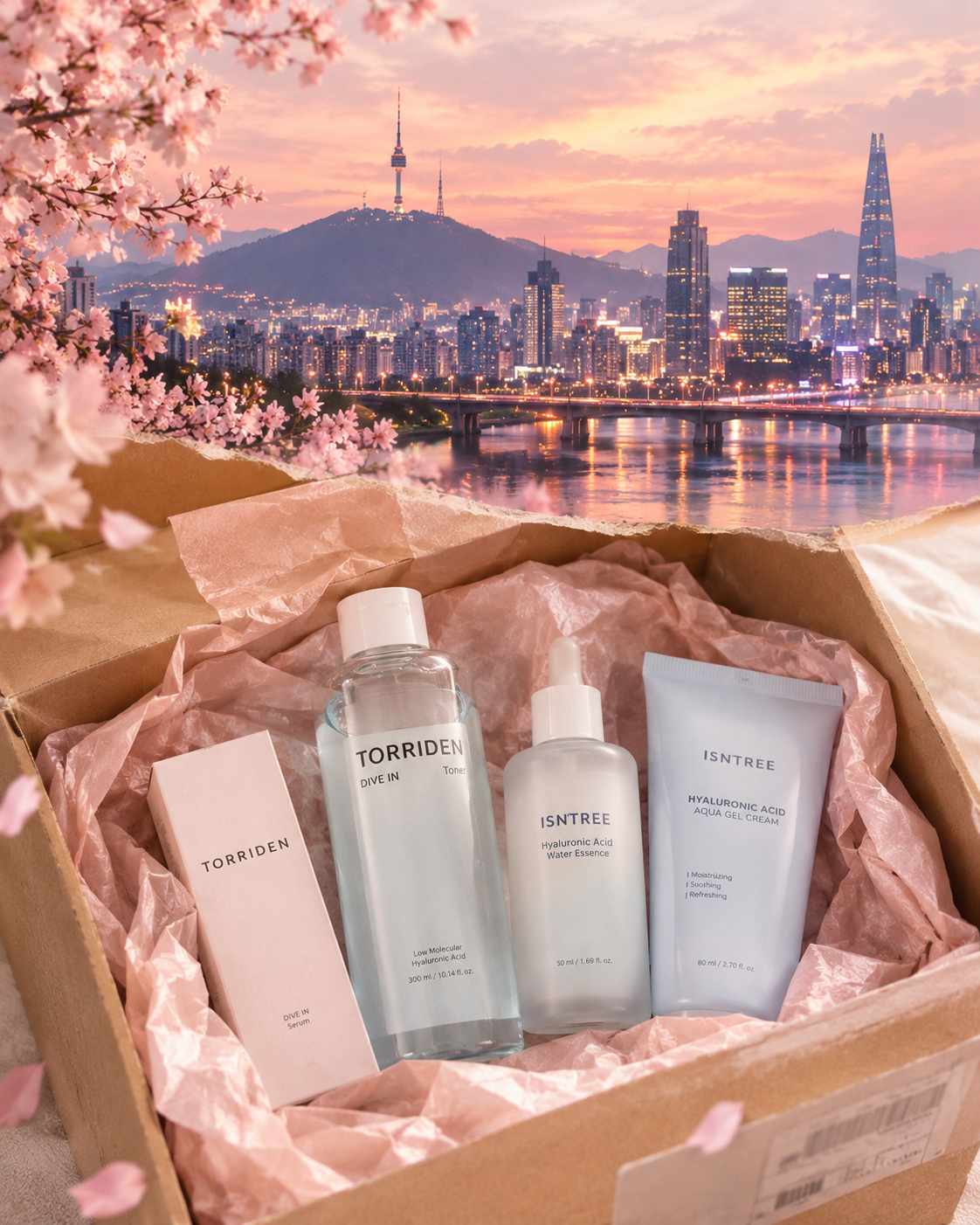 Seoul skyline at dusk and a packed K2B shipping box with Torriden and Isntree Korean skincare delivered to Bangladesh
