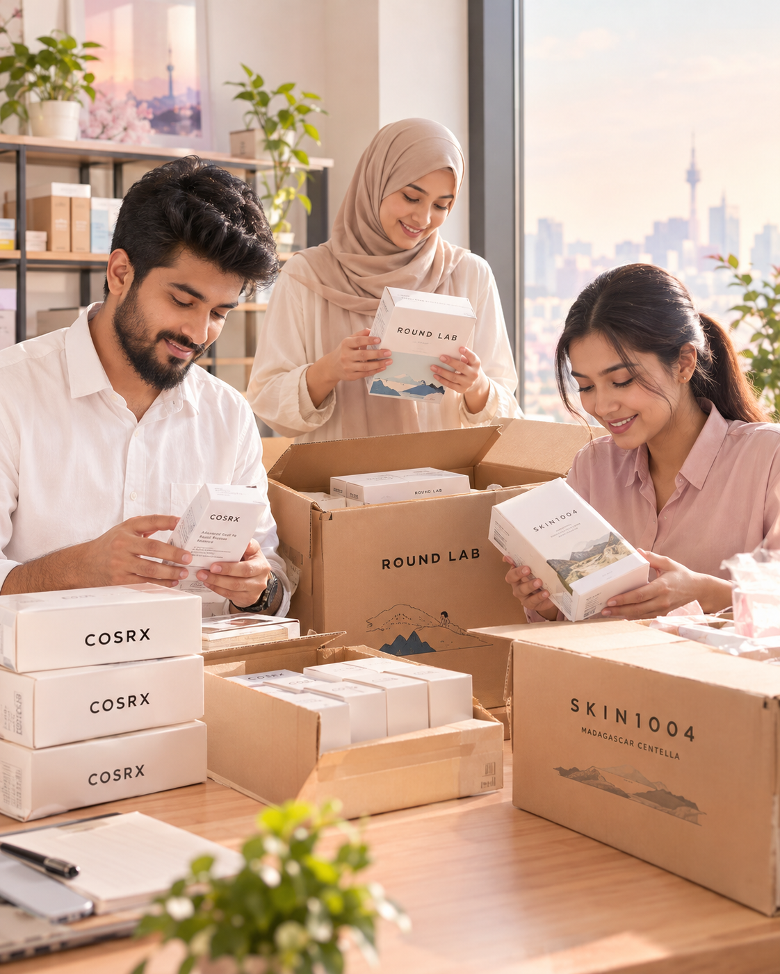 K2B team unpacking an authentic shipment of COSRX, Round Lab and SKIN1004 Korean skincare in Bangladesh