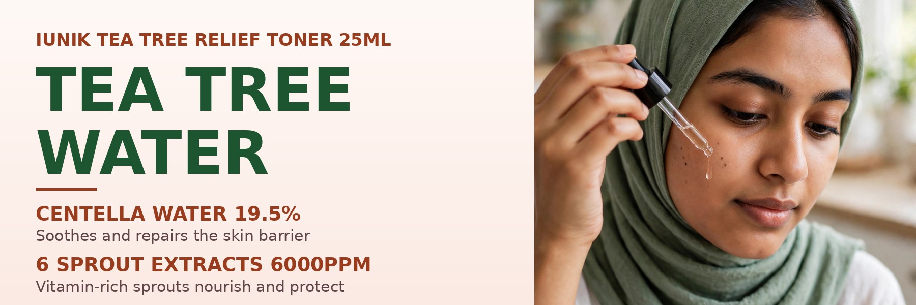 IUNIK Tea Tree Relief Toner 25ml (Mini) model applying toner drop