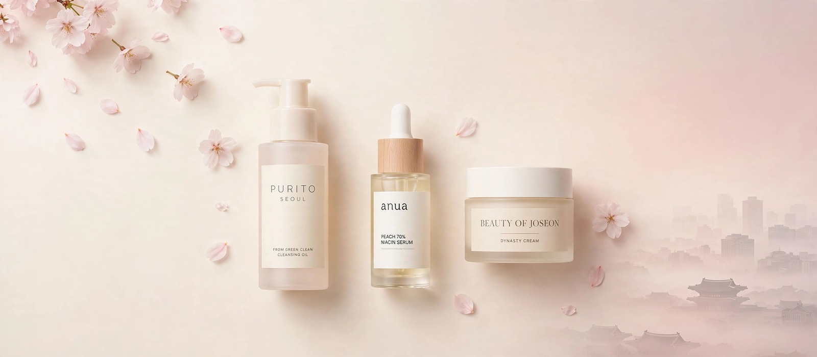 Purito Seoul, Anua and Beauty of Joseon Korean skincare flat-lay with cherry blossoms and Seoul skyline - authentic K-beauty at K2B Bangladesh