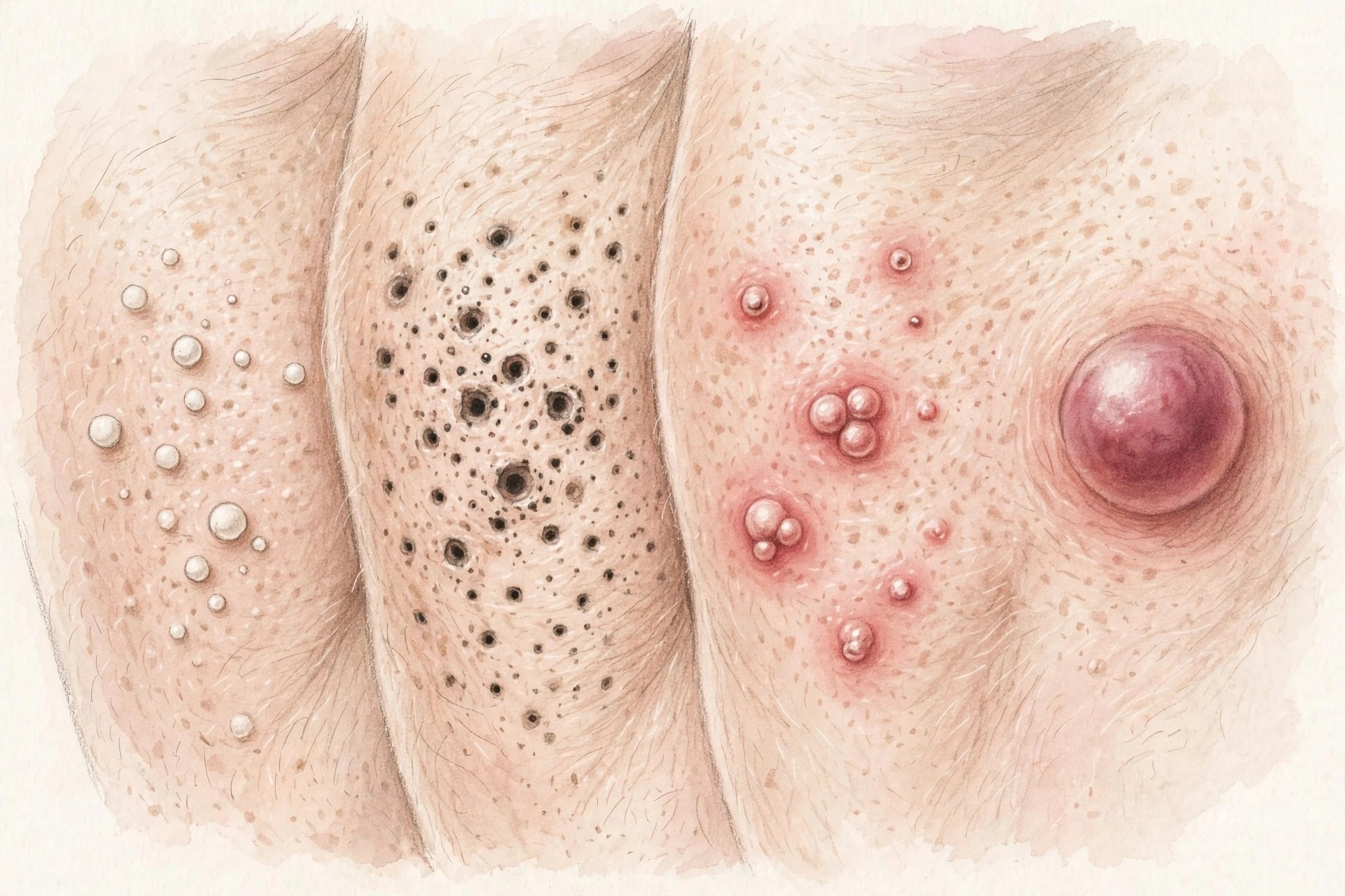 Acne er prokar — whiteheads, blackheads, pimple, cystic acne illustration | K2B